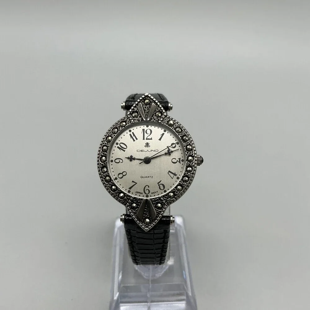 Dejuno Womens Watch 31mm Silver Tone Black Leather Dress Classic New Battery